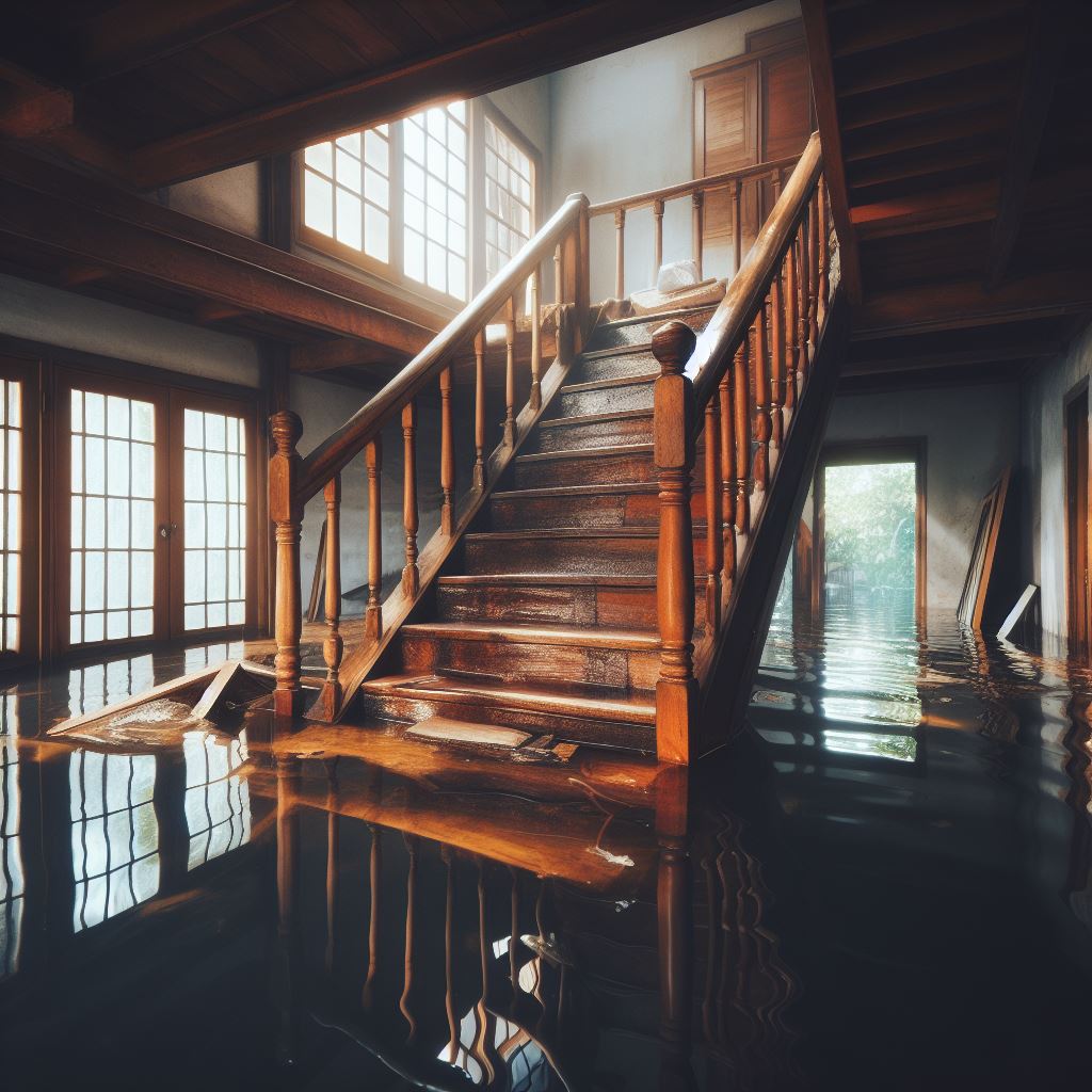 Un escalier sous l'eau dans une maison inondée