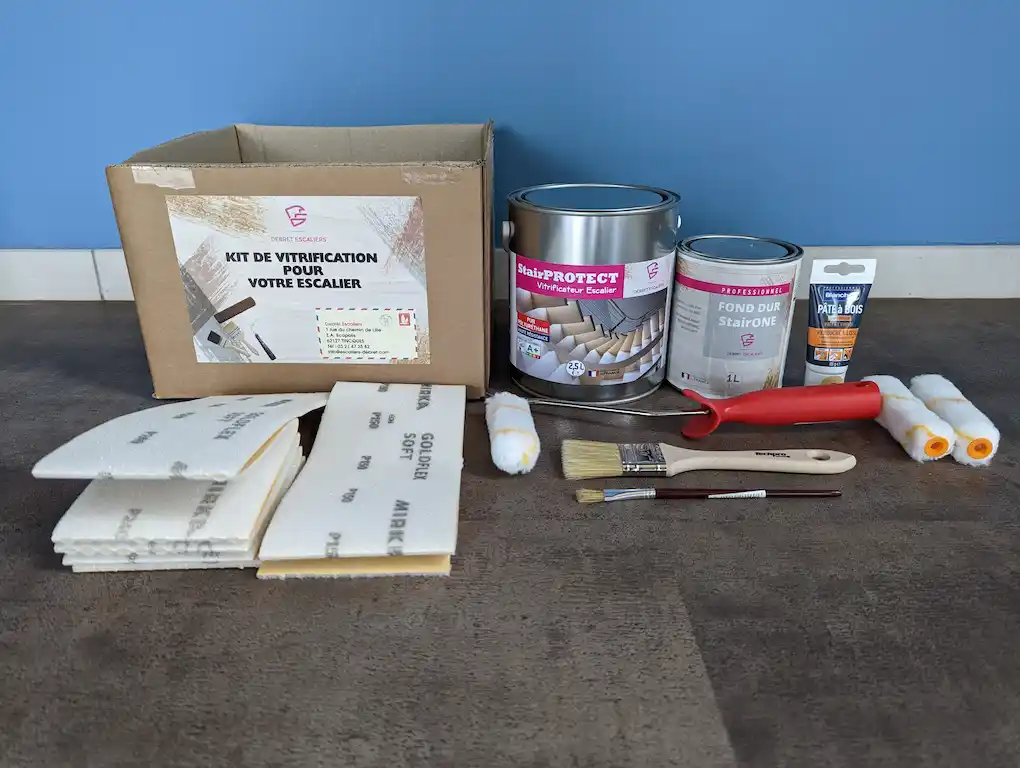 Produits professionnels de vitrification et d'entretien pour la protection des escaliers.